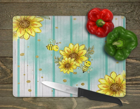 Sunflower and Bee Glass Cutting Board
